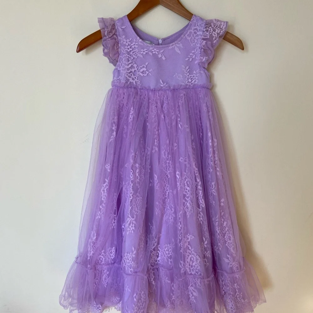 Trish Scully Clara Dress Lavender Purple Short Sleeve Lace and Tulle Skirt Sz 5 - Picture 2 of 15